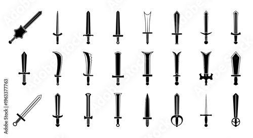 Set of Various Sword Icons and Medieval Weapon Silhouettes