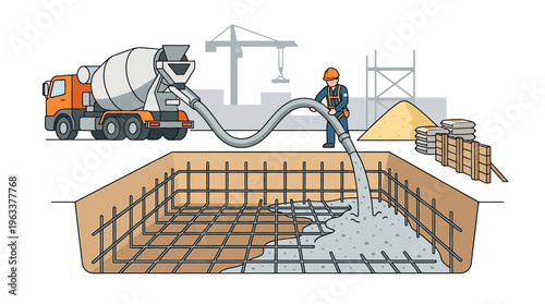 Construction Worker Pouring Liquid Concrete into Foundation Pit with Mixer Truck and Pump, Vector Illustration of Building Process