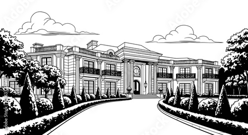 Large Mansion with Columns and Balconies.