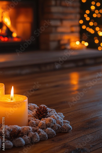 Two lit candles sitting on a wooden floor, ideal for cozy atmosphere and warm lighting
