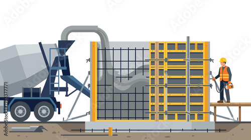 Construction Worker Pouring Concrete into Wall Formwork with Mixer Truck and Rebar Reinforcement Vector Illustration