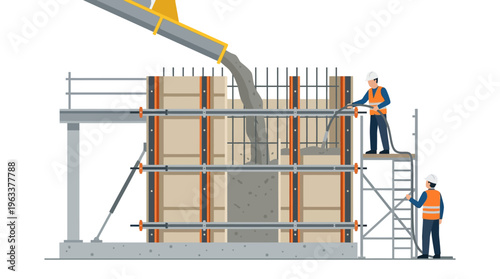 Construction Workers Pouring Concrete into Wall Formwork Vector Illustration