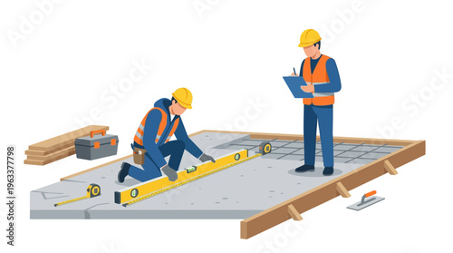 Construction Workers Leveling Concrete Foundation with Inspector Overseeing Site Progress - Vector Illustration