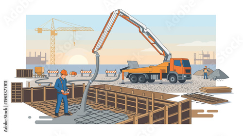 Construction Site Illustration with Concrete Pump Truck Pouring Foundation, Industrial Heavy Machinery, and Engineering Project Scene in Flat Design Style