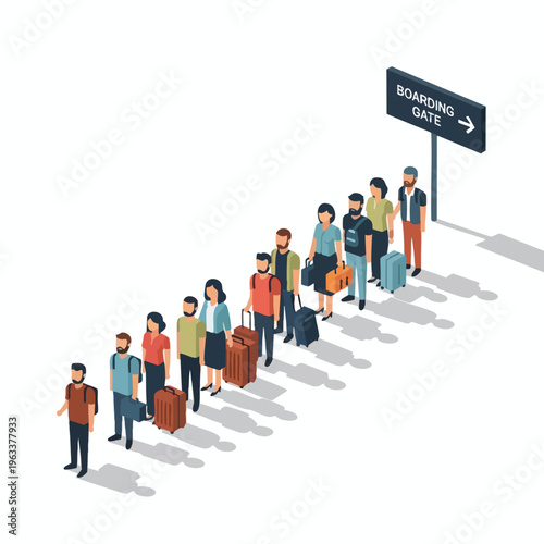 Diverse group of people in line, with luggage, at a boarding gate