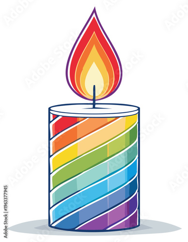 Candle with rainbow stripes and a vibrant flame for celebrations and symbolic meaning