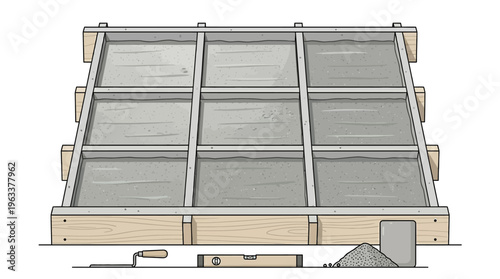 Concrete Floor Slab Construction Illustration with Grid Formwork and Masonry Tools