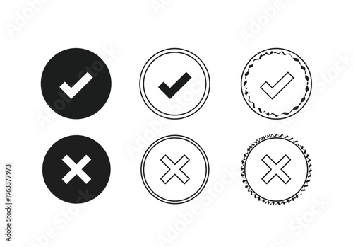 Black and white checkmark and cross icons set: approval, denial, success, failure buttons for web UI design, user interface