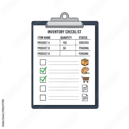 Clipboard with checklist, showing item names, quantities, and status; icons