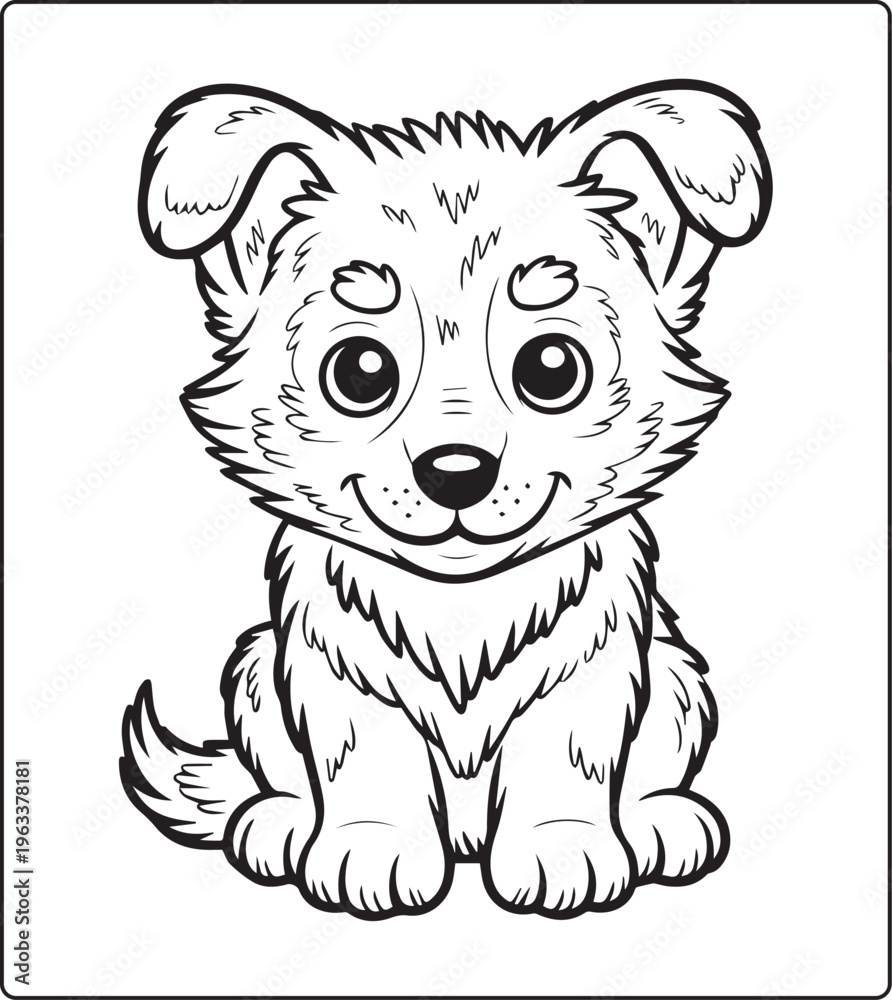 Fototapeta premium Cute baby wolf sitting alone coloring page for kids, black vector outline illustration for children activity book design