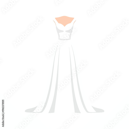 A minimalistic, flat illustration of a white wedding gown with a sweetheart neckline and long train