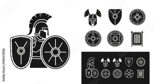 Ancient Spartan Warrior and Medieval Shield Icon Set
