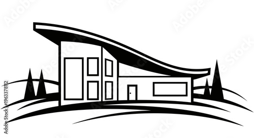 Modern house with curved roof line.