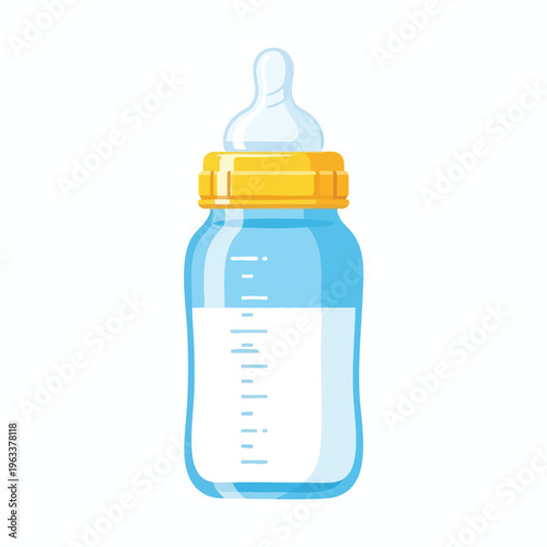 A blue baby bottle with a yellow cap, filled with white liquid and measurement markings