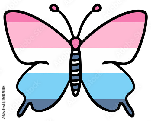 Butterfly illustration with transgender pride flag colors on wings, symbol of identity