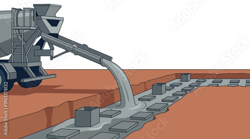 Concrete Mixer Truck Pouring Liquid Cement into Foundation Trench Illustration
