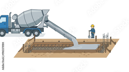 Construction Site Illustration of a Concrete Mixer Truck Pouring Cement into a House Foundation with a Worker and Rebar Reinforcement