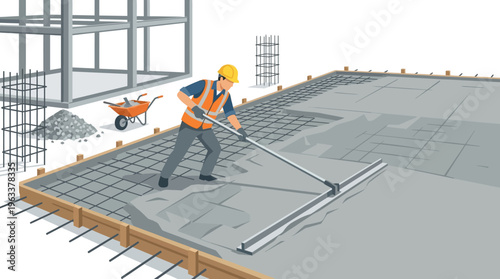 Construction Worker Leveling Wet Concrete Foundation Slab on Building Site with Rebar and Screed Tool, Vector Illustration for Industrial and Architectural Concepts