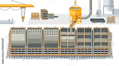 Concrete Pouring into Foundation Forms with Rebar Reinforcement Vector Illustration. Industrial Building Construction Site with Cement Mixer and Heavy Equipment Workflow.