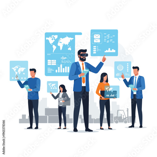 Business team using VR headsets and digital interfaces for global data analysis and logistics management
