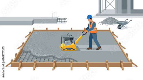 Construction Worker Using Vibrating Plate Compactor for Concrete Foundation Leveling and Soil Compaction on Building Site, Professional Industrial Flat Vector Illustration