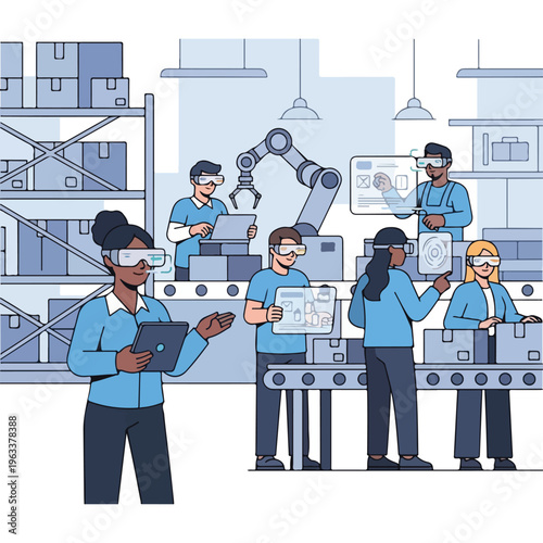 Factory workers using VR headsets and tablets to control automated robot arm on assembly line