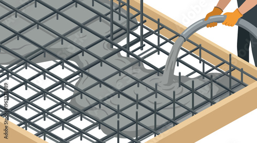 Construction Worker Pouring Liquid Concrete into Reinforced Steel Rebar Foundation Formwork
