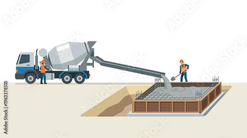 Cement mixer truck pouring concrete into building foundation with workers on a construction site