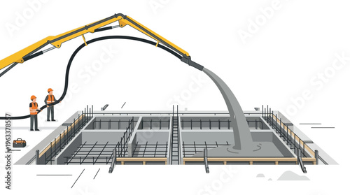 Construction Workers Pouring Concrete into Reinforced Foundation with a Pump Truck Boom, Industrial Building Site Vector Illustration