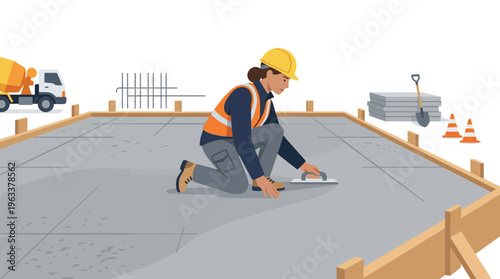 Female construction worker smoothing wet concrete on a foundation site with professional tools and cement mixer in the background