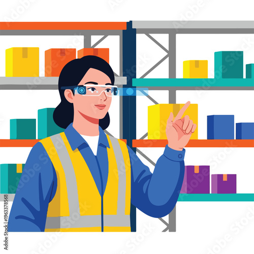 Female warehouse worker using augmented reality glasses for smart inventory management and logistics in a modern distribution center.