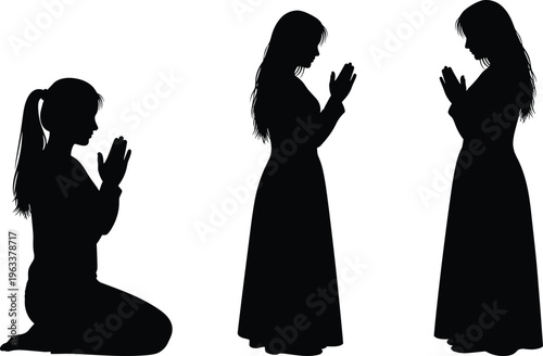 Black silhouettes set of women praying in kneeling and standing poses isolated on white background for religious and spiritual design,