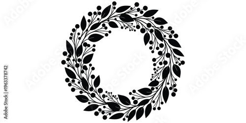 Botanical wreath silhouette illustration, decorative leaf berry artwork, circular floral design vector, unity celebration symbol, ornamental nature illustration