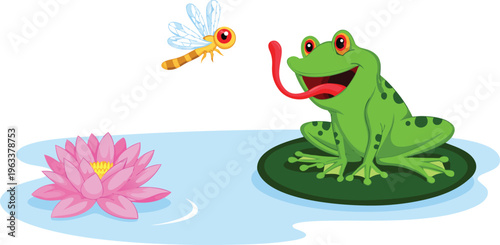Green frog catching dragonfly with tongue on lily pad, pond water with lotus flower, amphibian wildlife nature vector illustration isolated.