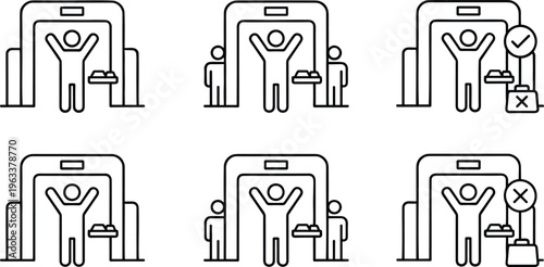 Airport security body scanner vector icon set featuring passenger screening process in outline and colored styles.