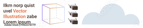 Cloud computing, data storage, networking, virtual servers, digital infrastructure, information systems. A cube with arrows pointing to a cloud. Cloud computing and data storage