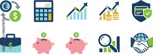 Finance banking and strategic investment vector icon collection featuring currency exchange calculators stock growth charts and secure payment symbols.