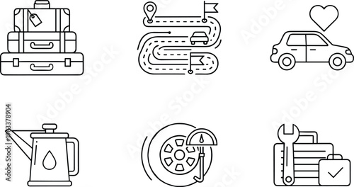 Flat vector illustration of road trip travel and car maintenance icons featuring luggage car route map oil can and tire pressure.