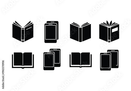 Black and white silhouette icons of open and closed books, and digital tablets