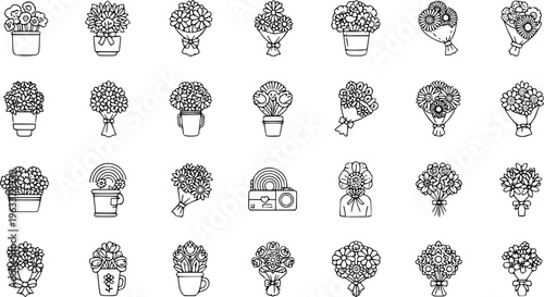 Flower and Bouquet Line Icons Set. Collection of Outline Floral Symbols, Potted Plants, and Various Flower Arrangements for Nature, Love, and Decoration.