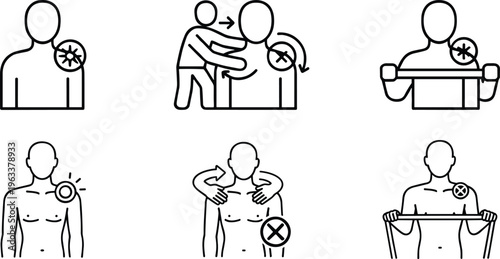 Shoulder pain and physical therapy vector icon set featuring human character with muscle ache in outline and solid styles.