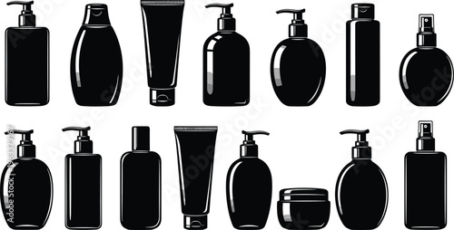 Cosmetic Bottle Silhouette Set, Beauty Product Packaging Icons, Skincare Container Vector, Shampoo Lotion Pump Spray Tube Jar Isolated Black Graphic