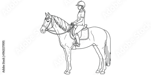 Horseback riding silhouette illustration, equestrian posture artwork, rider helmet reins design, horse saddle bridle vector, equestrian sport illustration