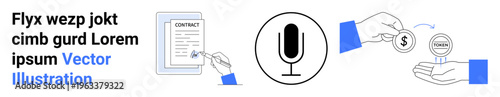 Communication, business agreements, financial transactions, remote work, audio services, digital platforms. Minimalist icons of a microphone, a contract and a coin exchange. Communication