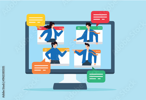 Flat illustration of business people chat in computer dialogue during online discussion and meeting