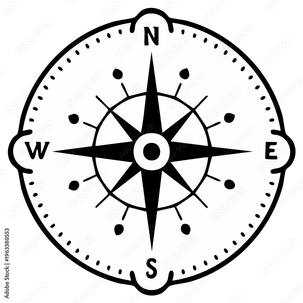Obraz premium Black and white compass rose vector illustration for travel and adventure