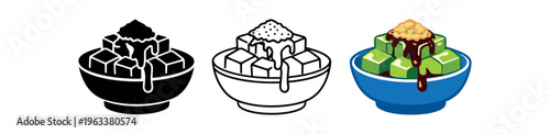 Three icon versions of a dessert bowl filled with green tea mochi cubes, syrup dripping over the top and a sprinkle of powder; suitable as a menu icon or food app graphic.