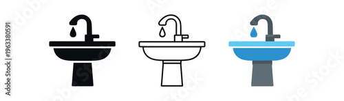 Three sink and faucet graphics: a solid black pedestal sink silhouette, a black outline line version, and a colored version with blue water drop and gray base for bathroom signage or interface use.