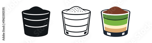 Three icons of a layered dessert cup (cream, green layer, brown topping) shown as solid, outline, and colored versions — good for dessert menus, parfait labels, and cafe graphics.