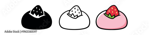 Three icon versions of a daifuku mochi showing a whole strawberry peeking from a soft rice cake — a cute dessert graphic for menus, labels, or app icons.